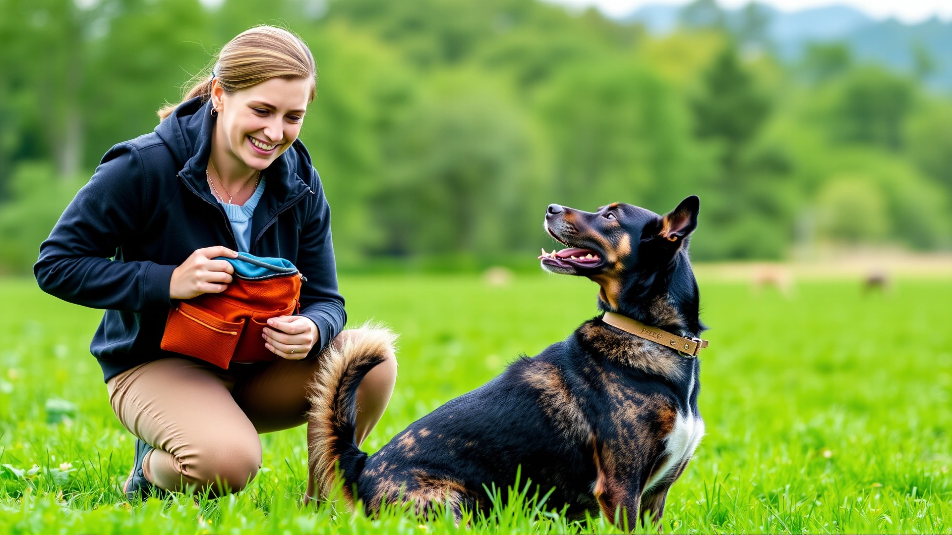 Wide-angle shot of a friendly dog trainer kneeling in a green field, smiling while holding a treat pouch and engaging with an eager mixed-breed dog.