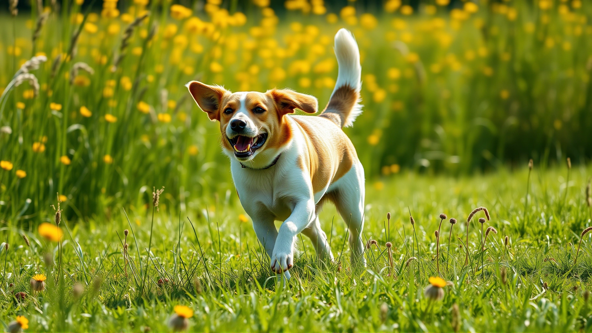 Wide-angle shot of an active dog running through a sunny meadow, no fleas or ticks visible, vibrant colors, conveys freedom and health