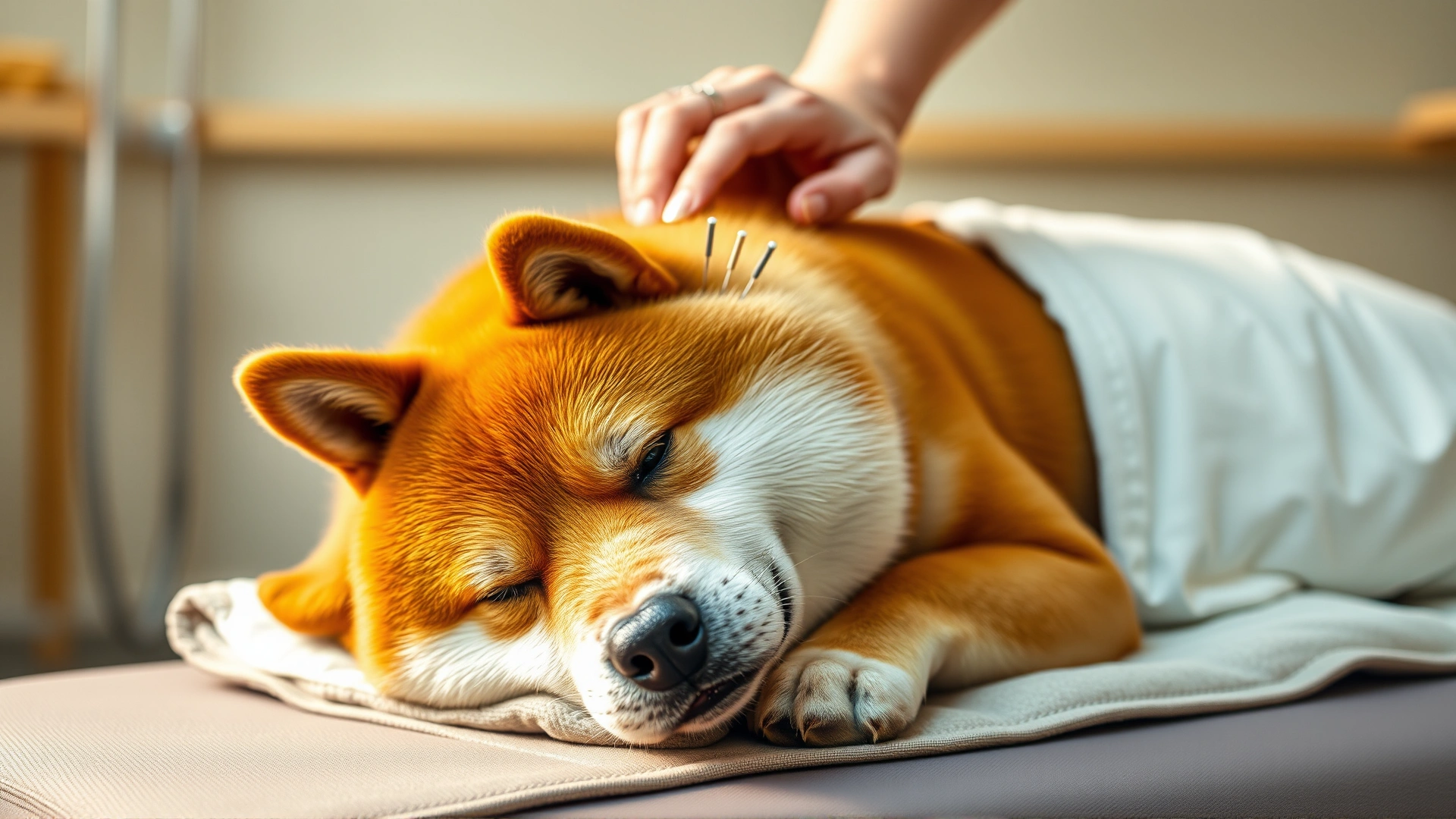 Relaxed Shiba Inu receiving acupuncture on its back while lying on a padded mat, neutral clinic background, warm lighting