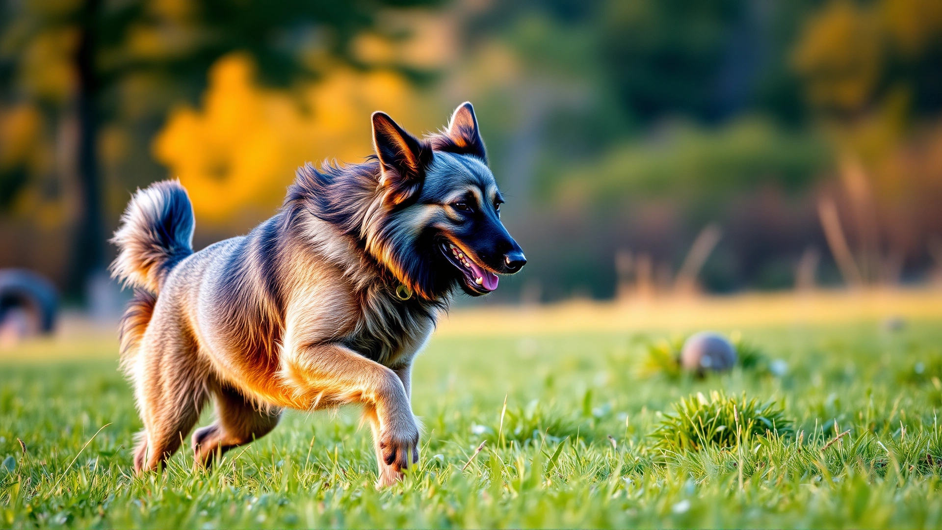 Side profile of an athletic Belgian Tervuren running through a lush green meadow during golden hour, motion blur on background, no text