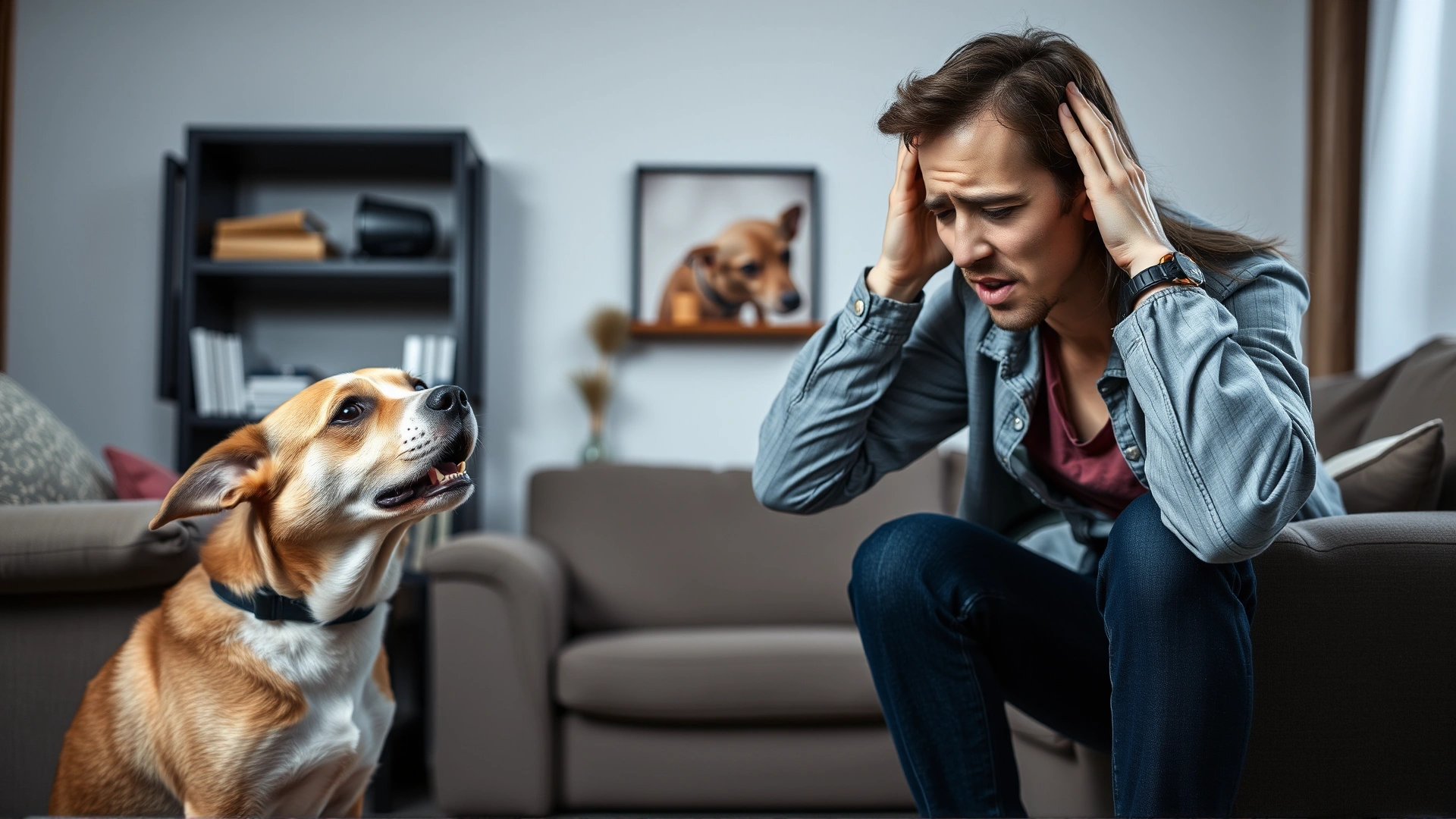 Frustrated dog owner covering their ears while their dog is barking loudly in a living room setting; conveys the core problem addressed in the article