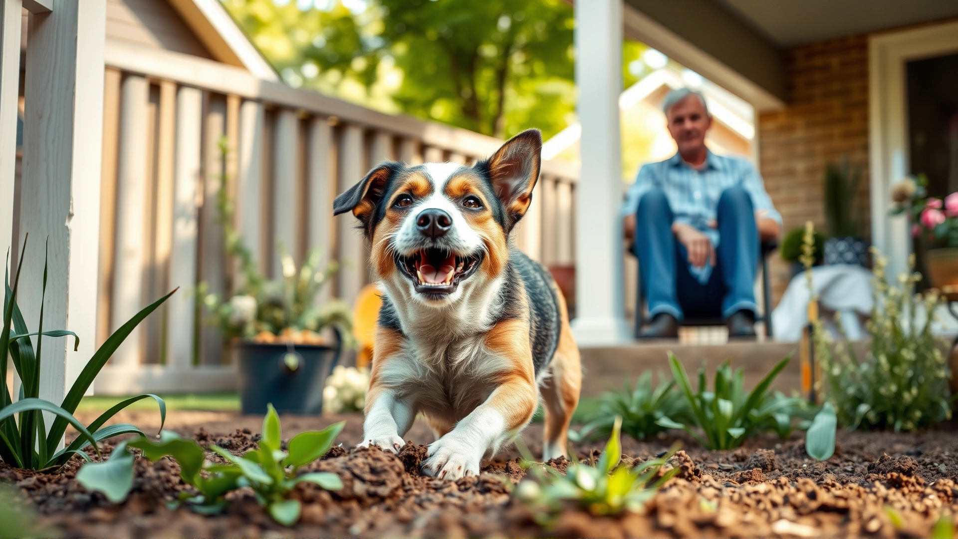 A joyful medium-sized terrier dog digging enthusiastically in soft soil while a concerned owner watches from the porch in a sunny suburban garden, no text