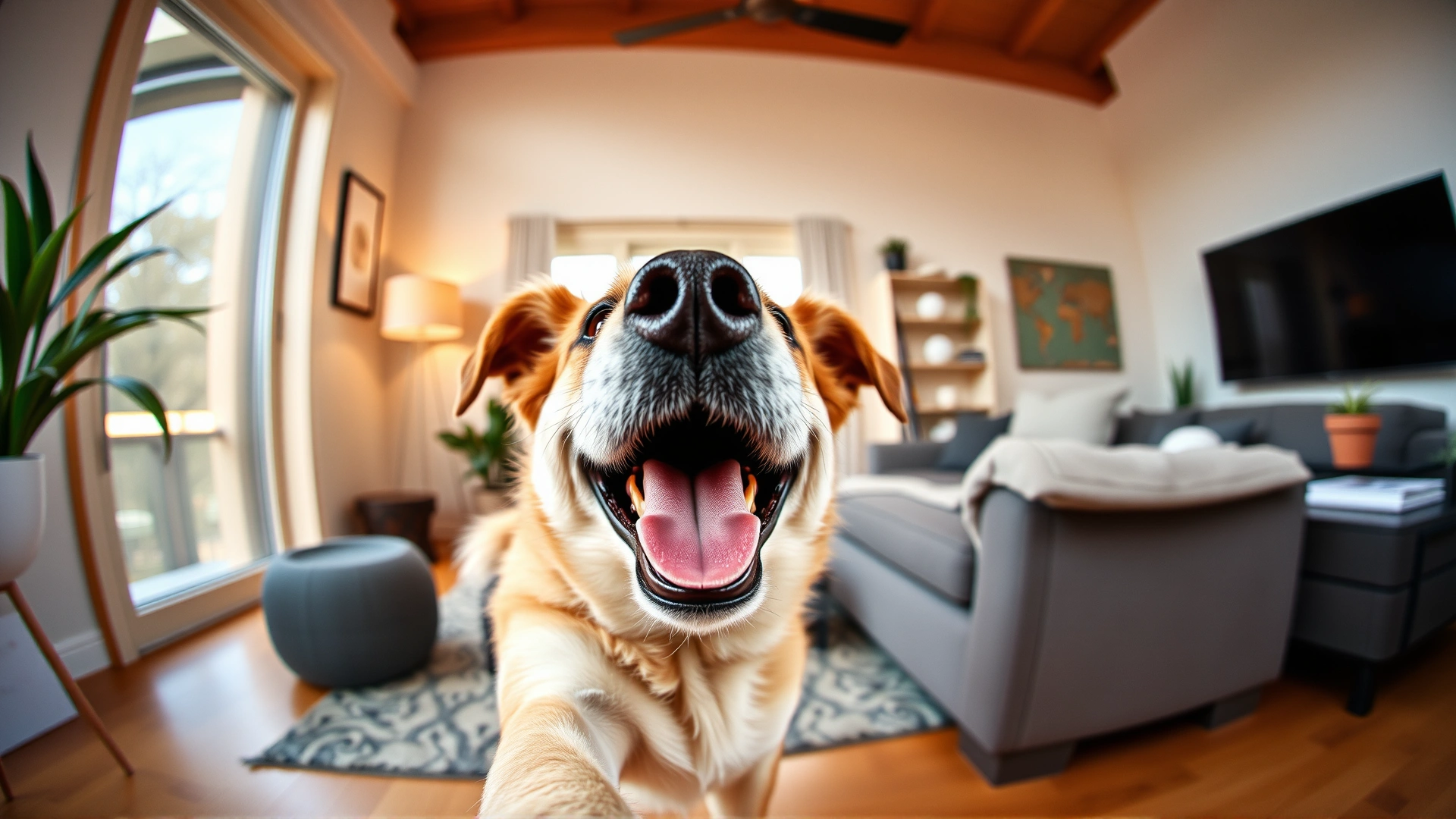 Wide-angle image of a cheerful dog stretching toward camera inside modern living room, soft natural light