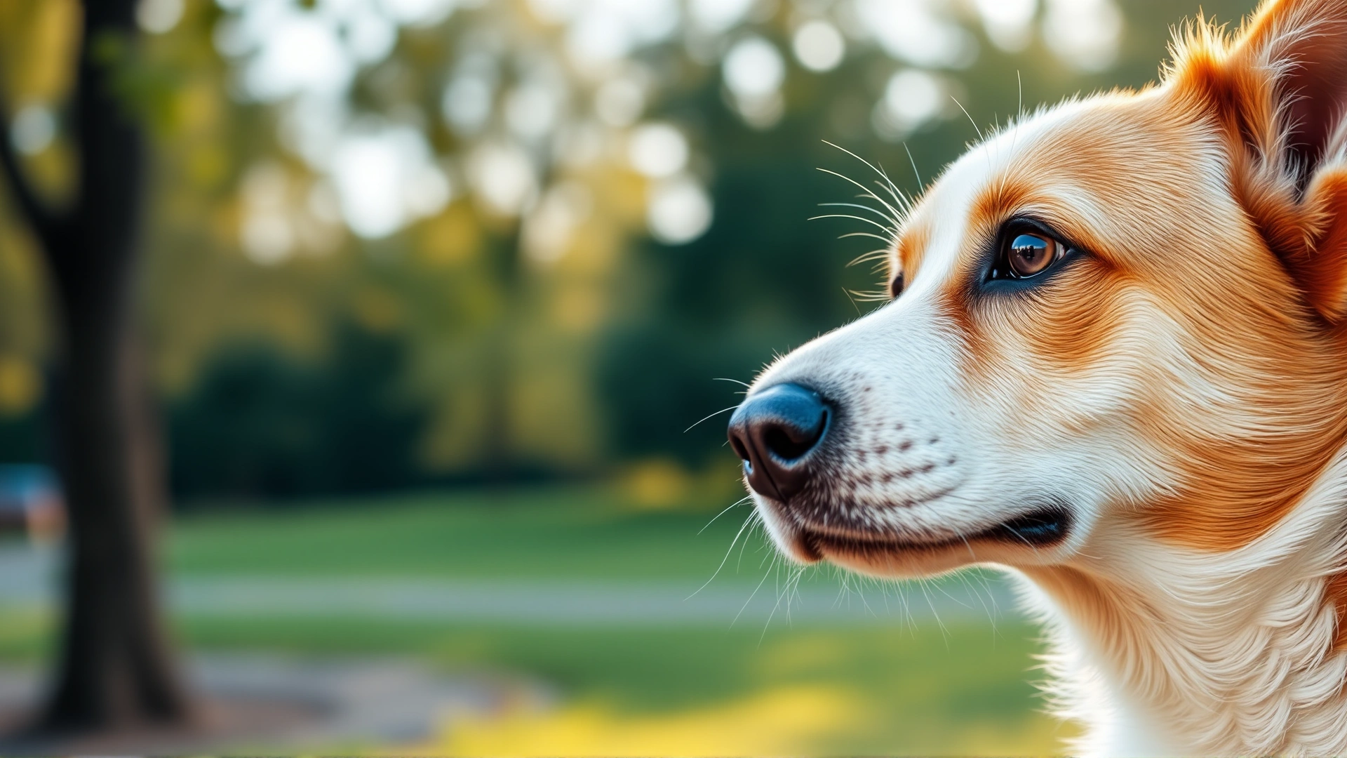 Close-up of a curious dog looking away from the camera with a blurred park background, symbolizing distraction and inattentiveness. Warm morning light.