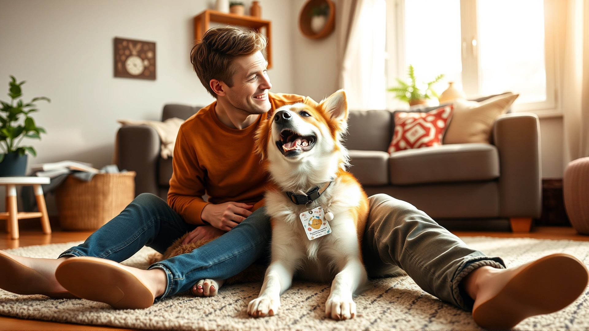 Happy dog and owner sitting together on a living-room floor looking lovingly at each other, warm daylight, cozy home environment