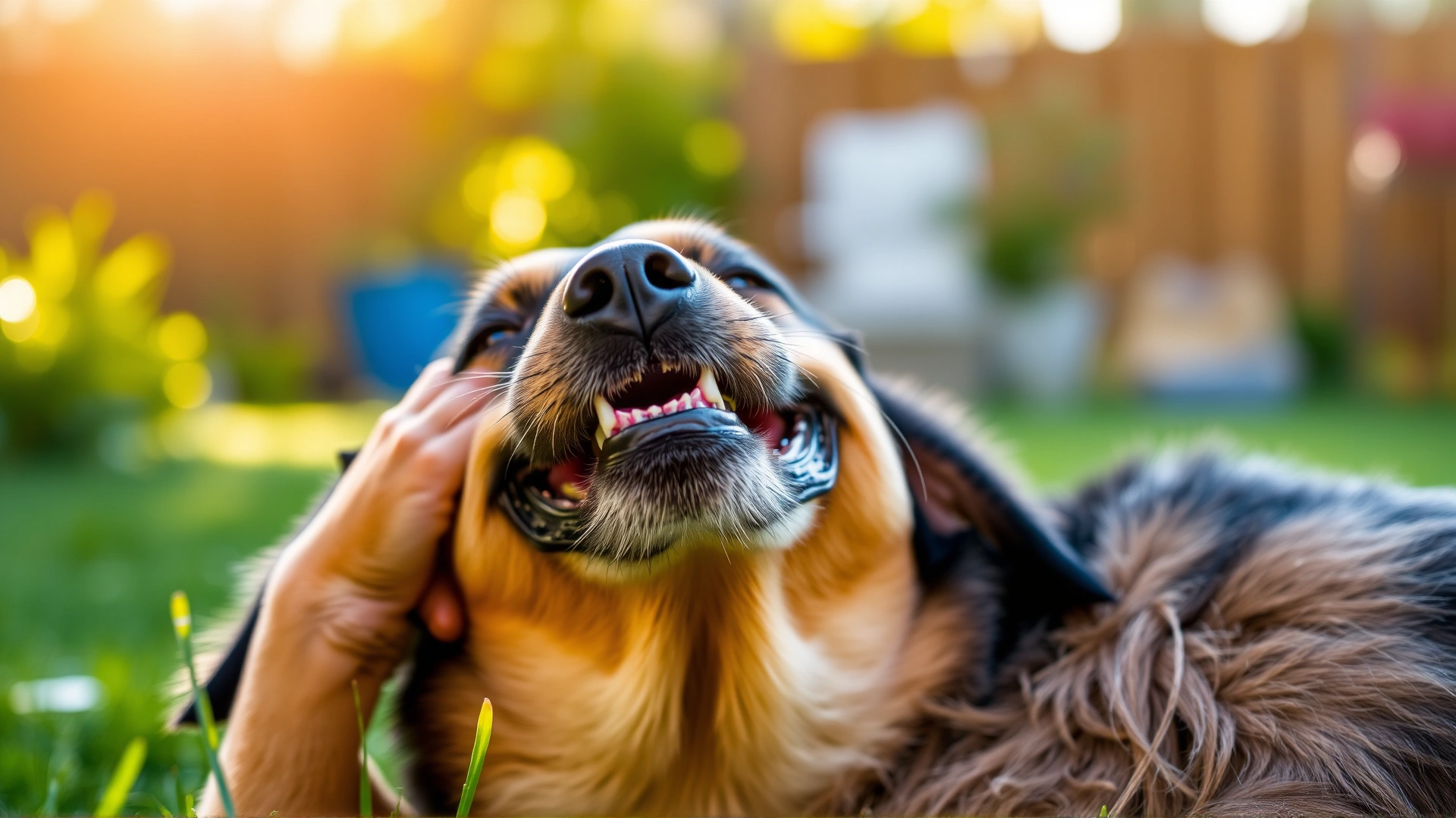 Close-up of a happy dog scratching its neck in a sunny backyard, green grass and soft bokeh background