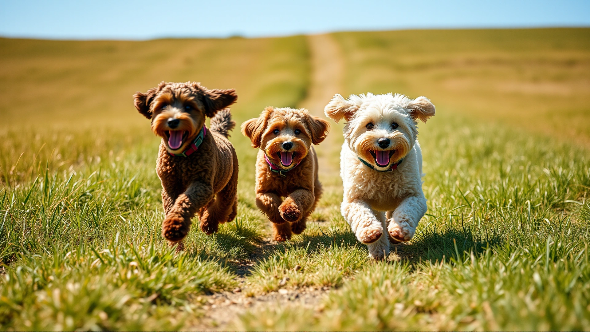 Wide hero shot of three doodle dogs of different sizes running toward the camera on a grassy field, bright daylight, shallow depth of field, joyful mood