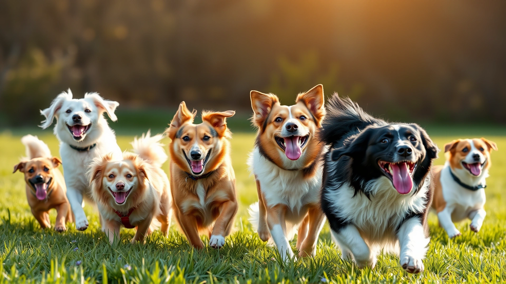 Happy and healthy diverse dog breeds running on grass under sunny light, symbolizing hope and life