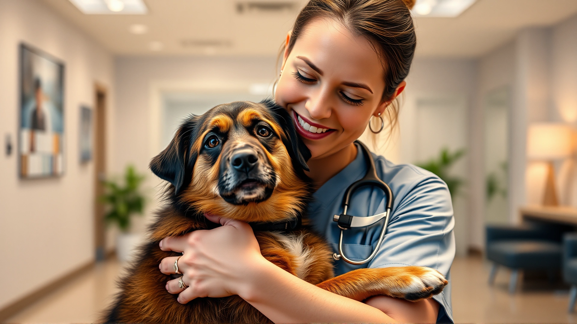 Warm-toned wide shot of a caring veterinarian gently hugging a medium-sized dog in a modern clinic lobby, conveying compassion and trust, shallow depth of field