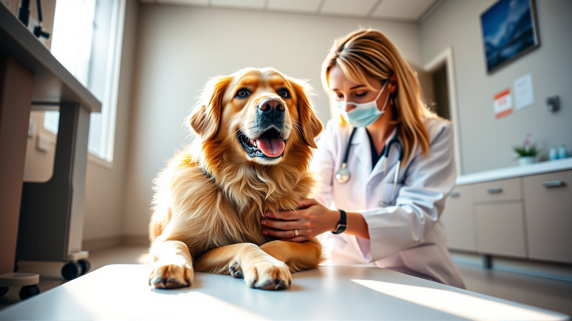Wide shot of a golden retriever and a veterinarian in a clinic, vet gently examining the dog's chest while sunlight streams through a window. Warm, welcoming mood, no text.