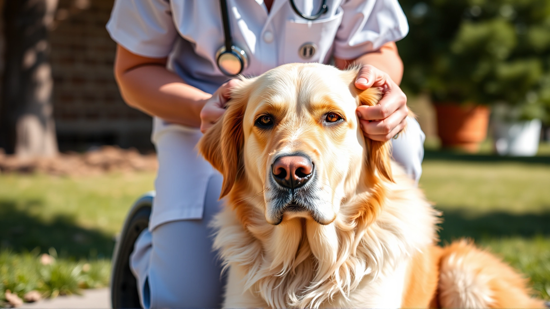 Warm close-up of a veterinarian kneeling next to a golden retriever outdoors on a sunny day, emphasizing the bond between pet and doctor. No text.