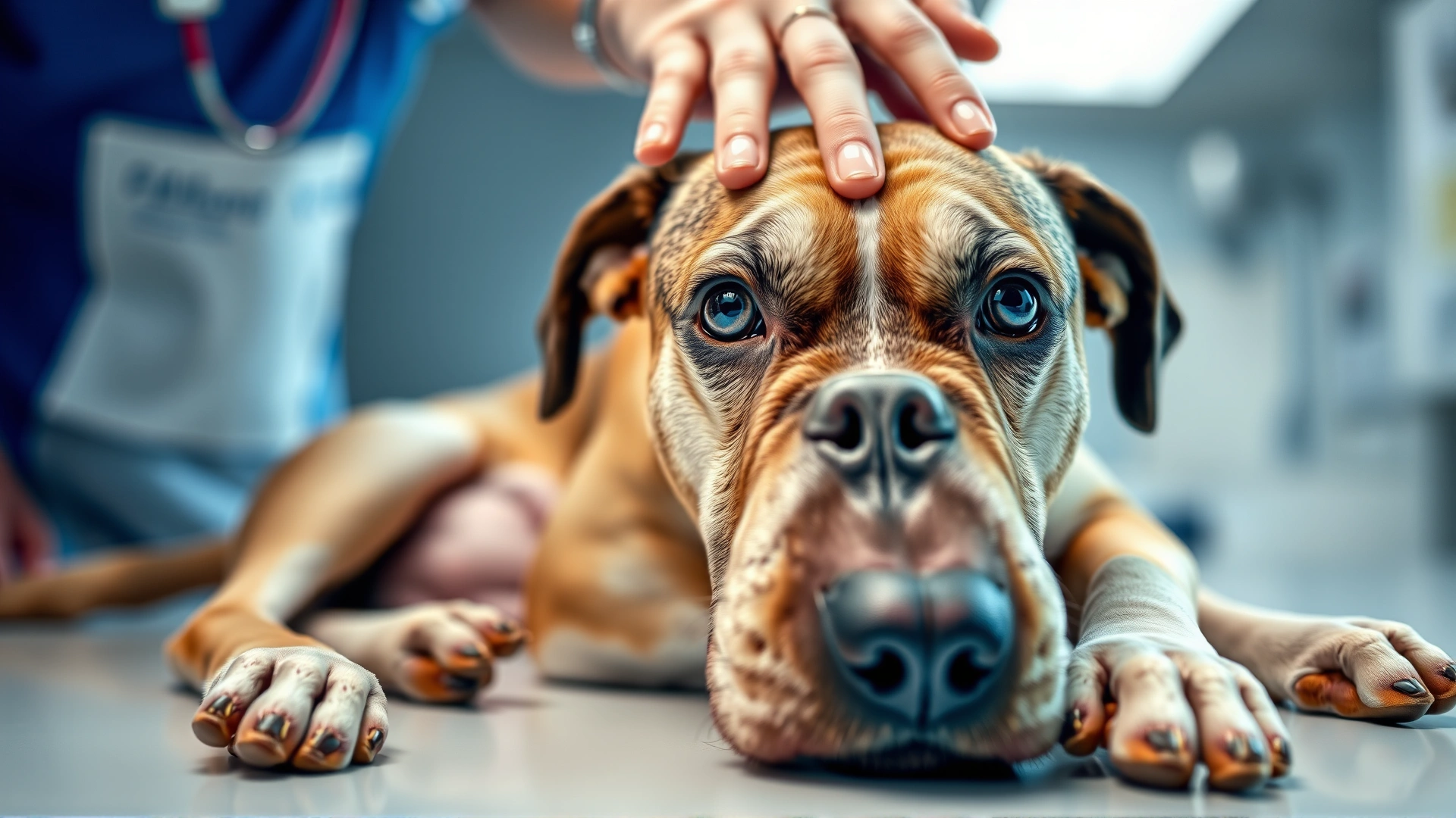 Close-up of a worried-looking dog with slightly distended abdomen lying on a vet clinic table, veterinarian hands in frame for comforting effect, bright soft lighting