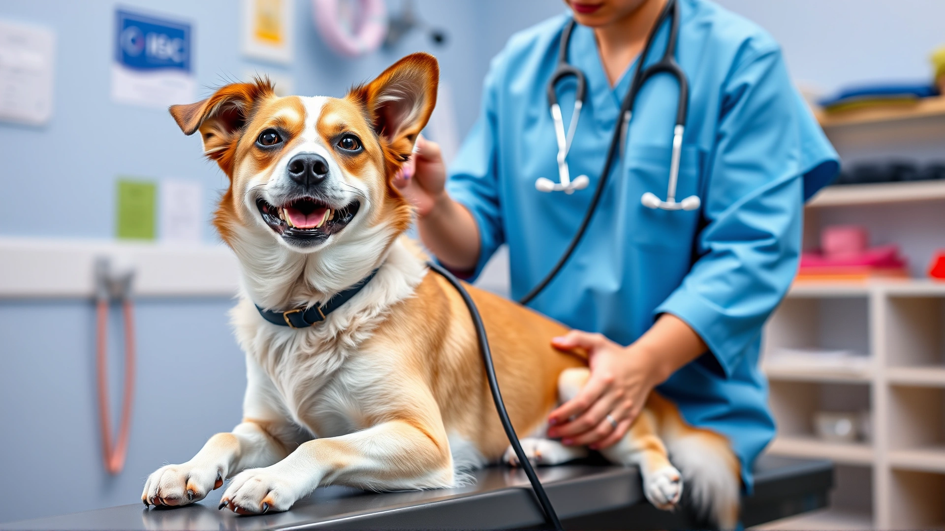 Happy medium-size dog sitting calmly on an examination table while a veterinarian places a stethoscope on its chest, bright veterinary clinic setting.