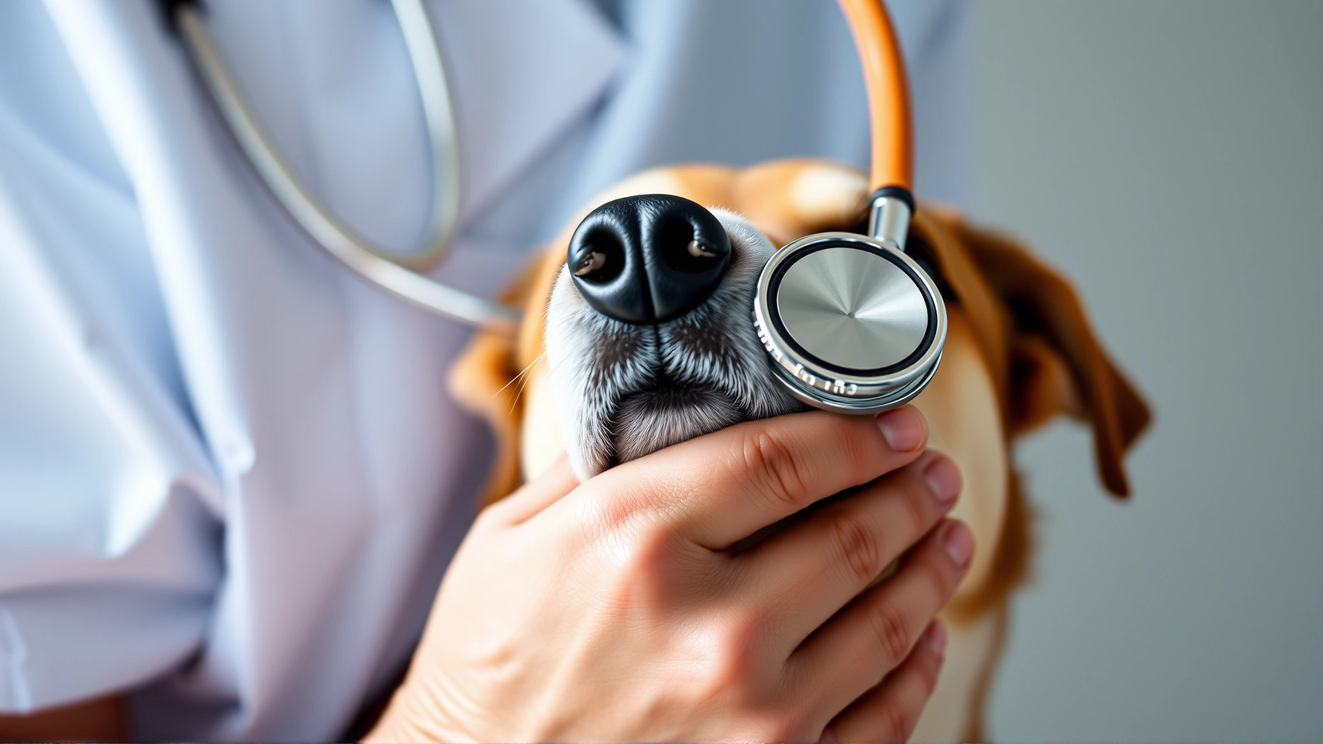 Close-up of a veterinarian’s hand holding a stethoscope against a dog’s chest, soft natural light, focus on care and medical environment, no text