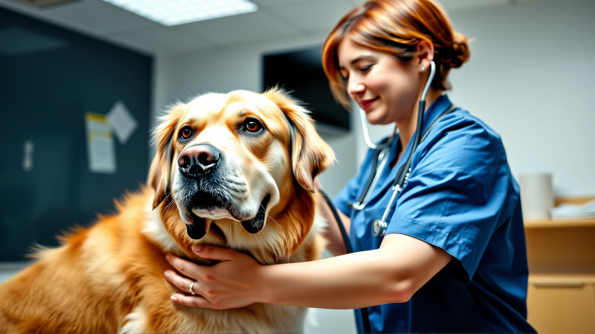 A caring veterinarian gently examining a large breed dog with a stethoscope in a bright clinic, conveying professional healthcare.