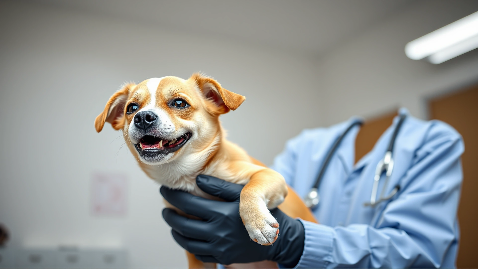 Happy small dog being gently held by a veterinarian in a bright clinic; the dog looks healthy and content, creating a hopeful tone.