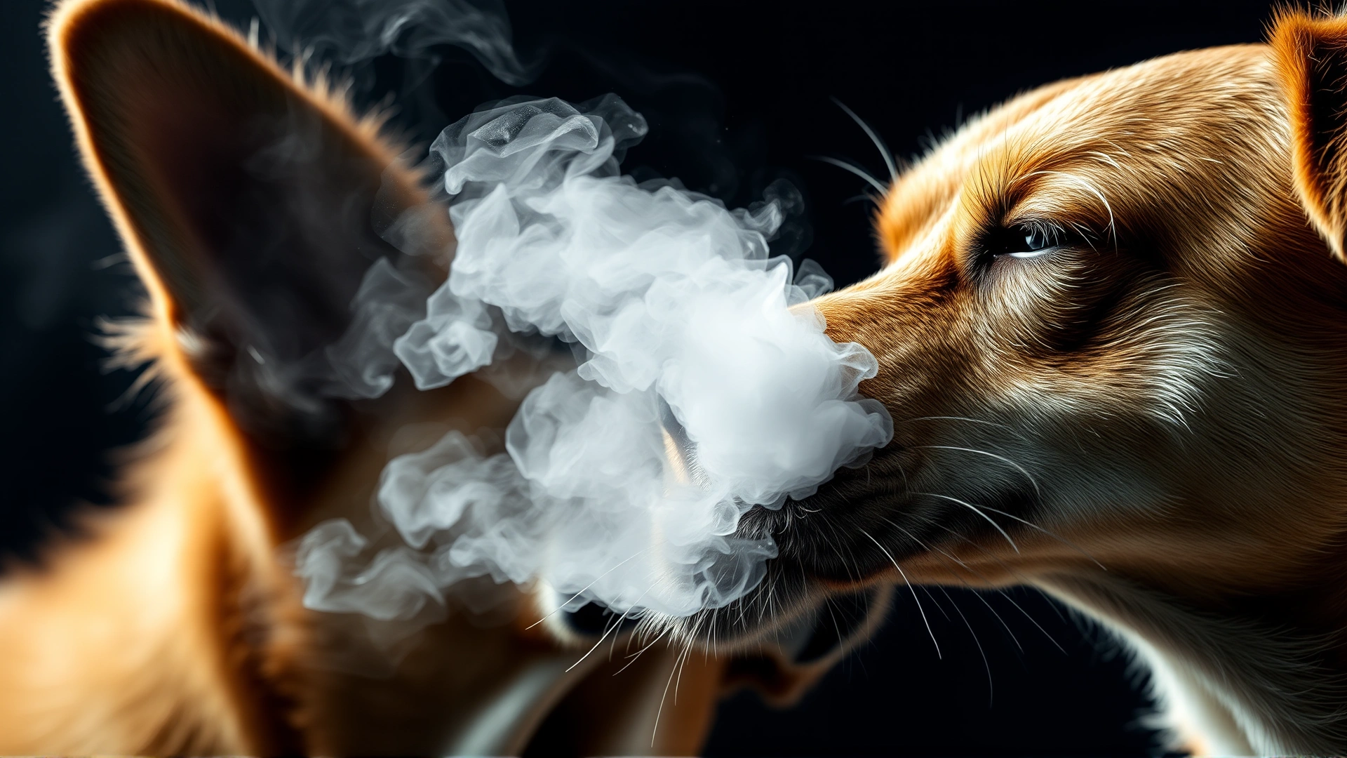 Close-up of a dog exhaling visible breath in cool air, highlighting respiratory effort and the theme of pulmonary hypertension.