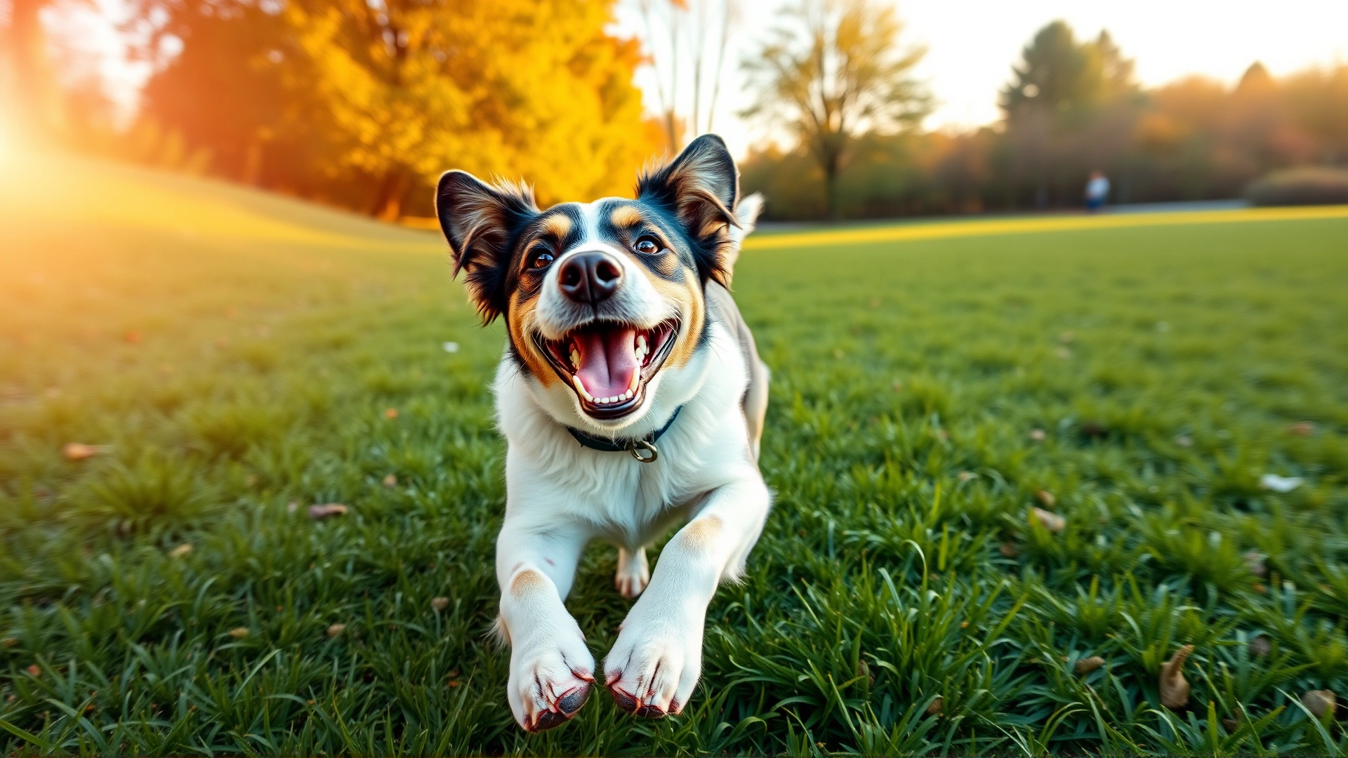 Wide-angle shot of a cheerful dog running on green grass with a warm sunny background, symbolizing vitality and heart health.