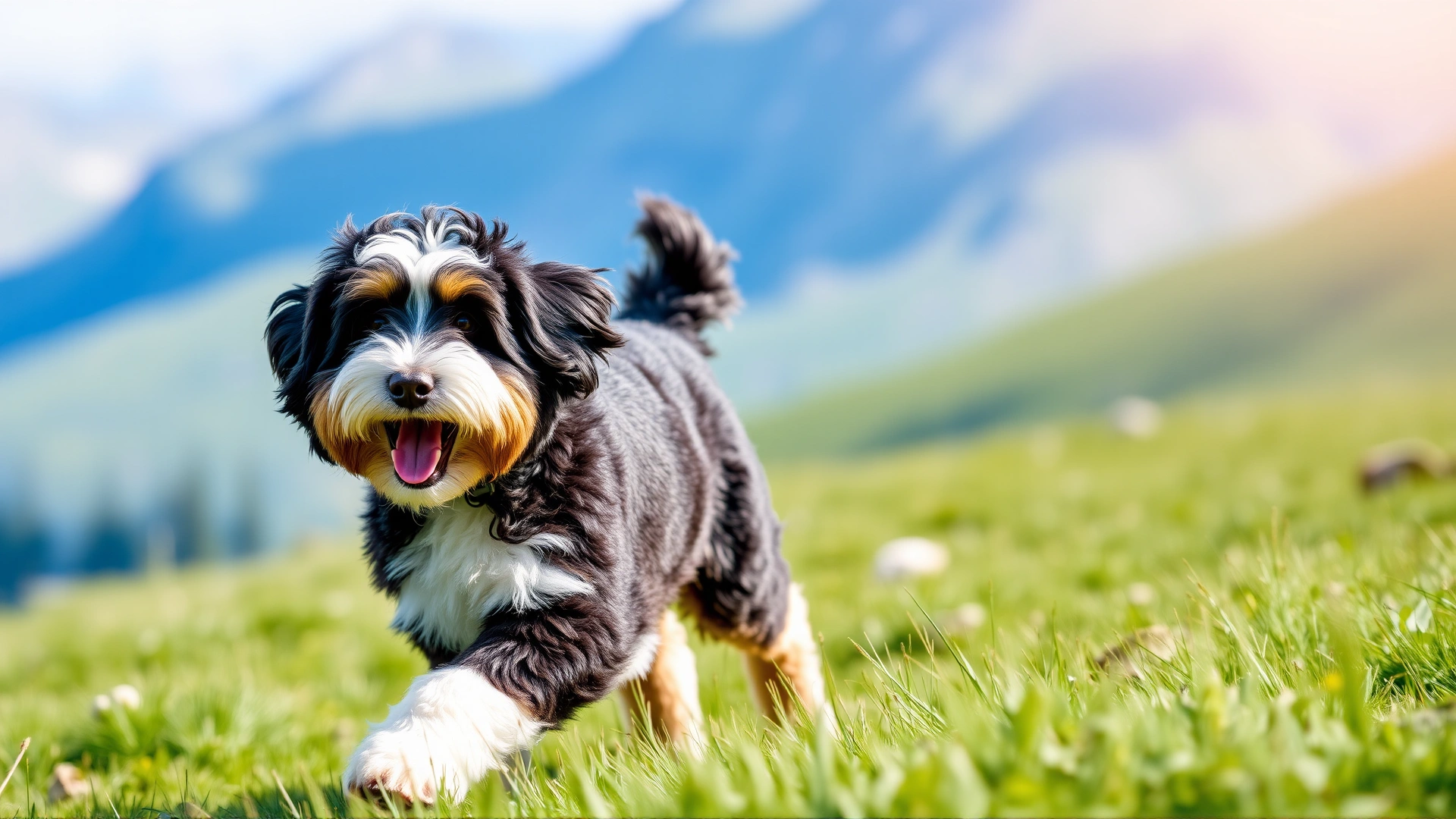 Happy tri-colored Bernedoodle running through a green alpine meadow with soft-focus mountains in the background, bright sunny day, high-resolution professional pet photography