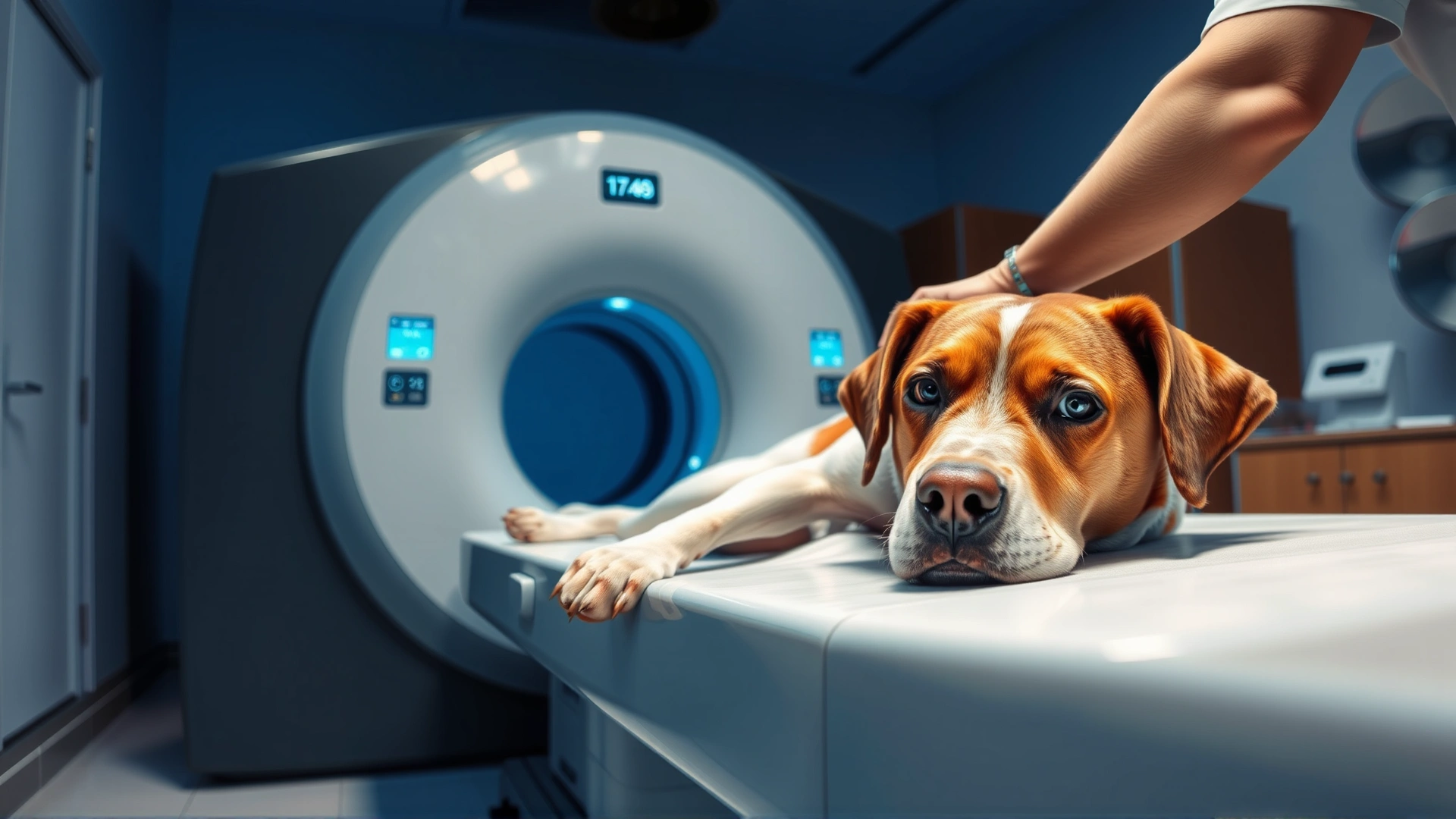 Close-up of a dog lying on an MRI scanner table while a veterinarian prepares the machine; clinical environment with cool lighting