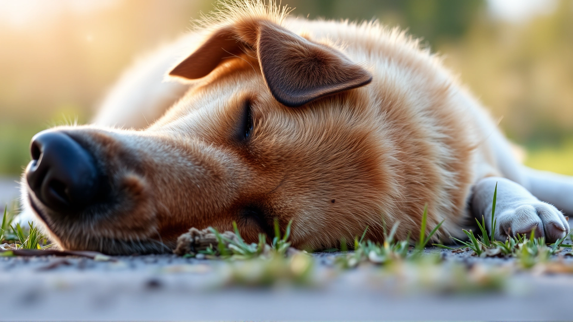 Close-up of a medium-sized dog lying on its side outdoors with a slightly blurred background, sunlit grass, symbolizing a fainting episode in a natural setting, realistic style