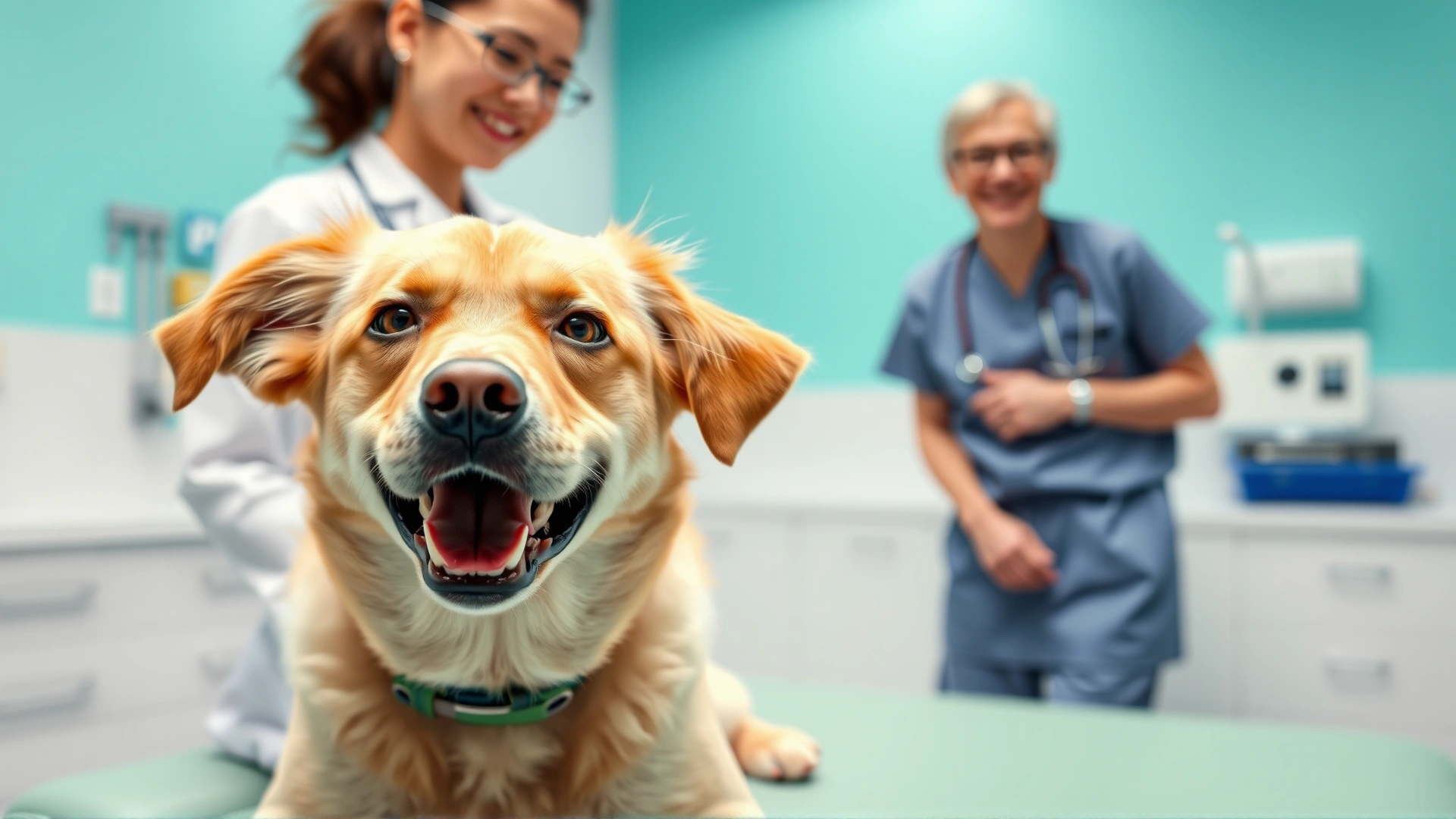 Wide shot of a happy female dog sitting calmly on a vet examination table with the veterinarian smiling next to her, bright clinic environment.