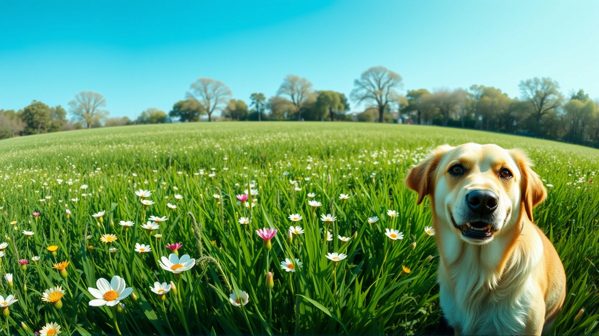 Wide-angle shot of a healthy dog standing in a lush green field dotted with blooming flowers under a clear blue sky, evoking the start of allergy season.
