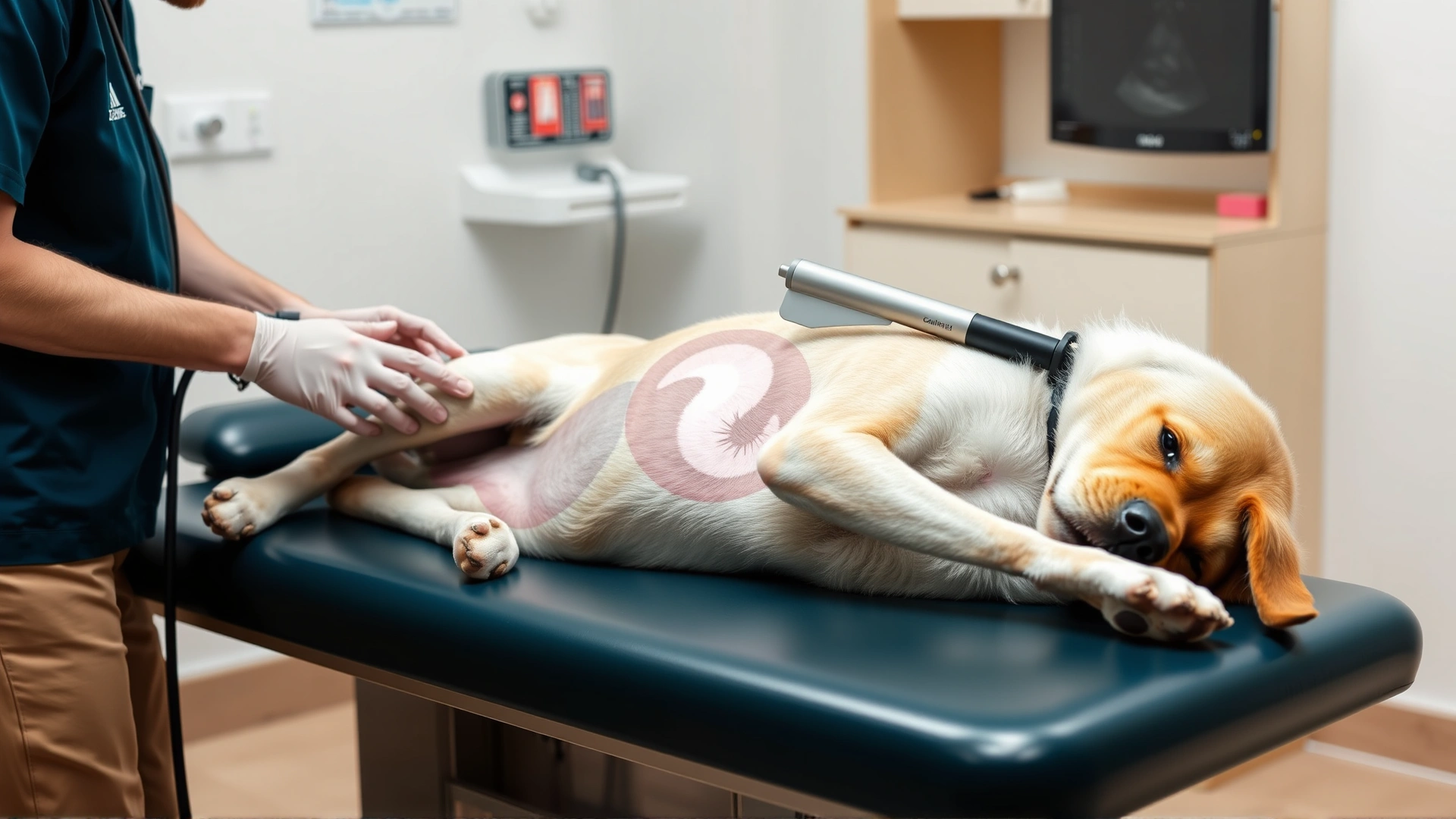 Medium-sized dog lying on a veterinary examination table while a veterinarian performs an abdominal ultrasound, clinic setting, clear focus on the probe and dog's abdomen, bright lighting