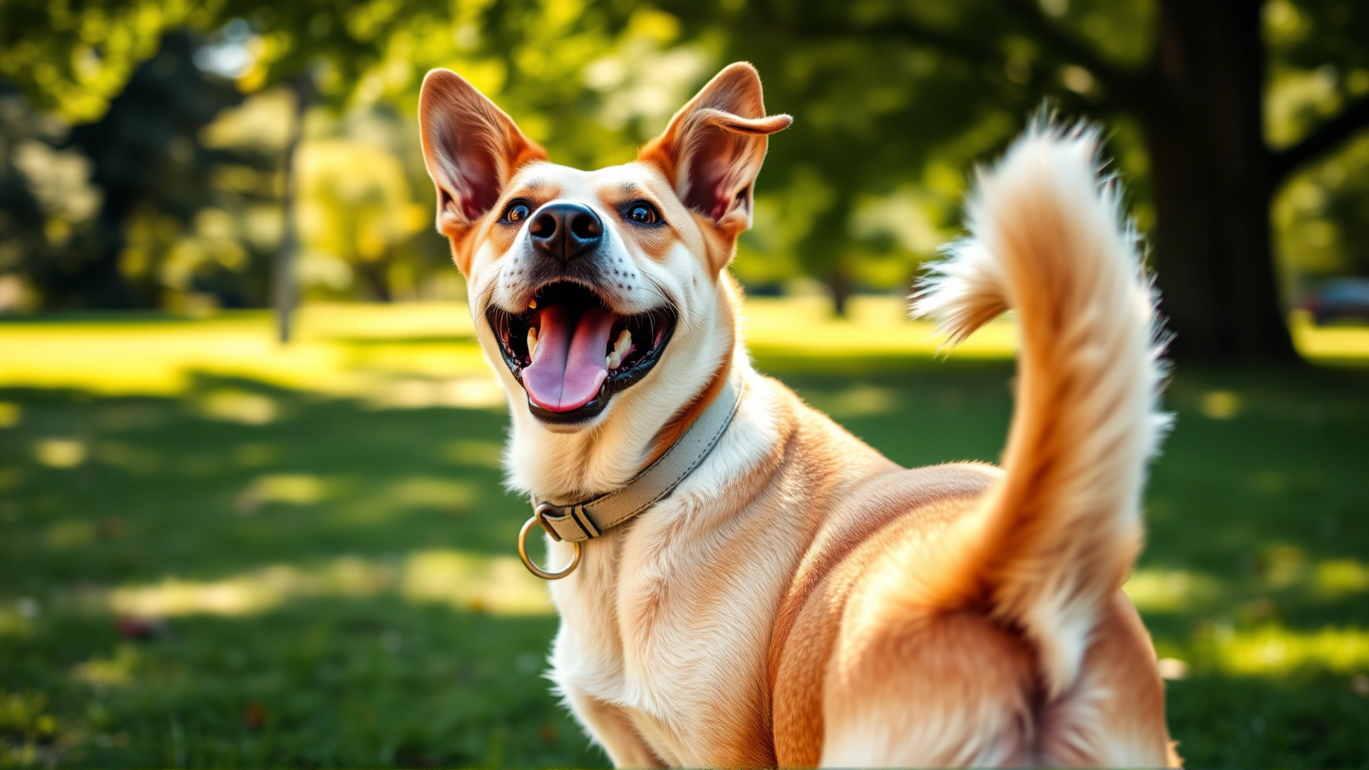 Happy senior dog wagging its tail in a sunny park, wearing a light collar, symbolizing vitality despite chronic illness.