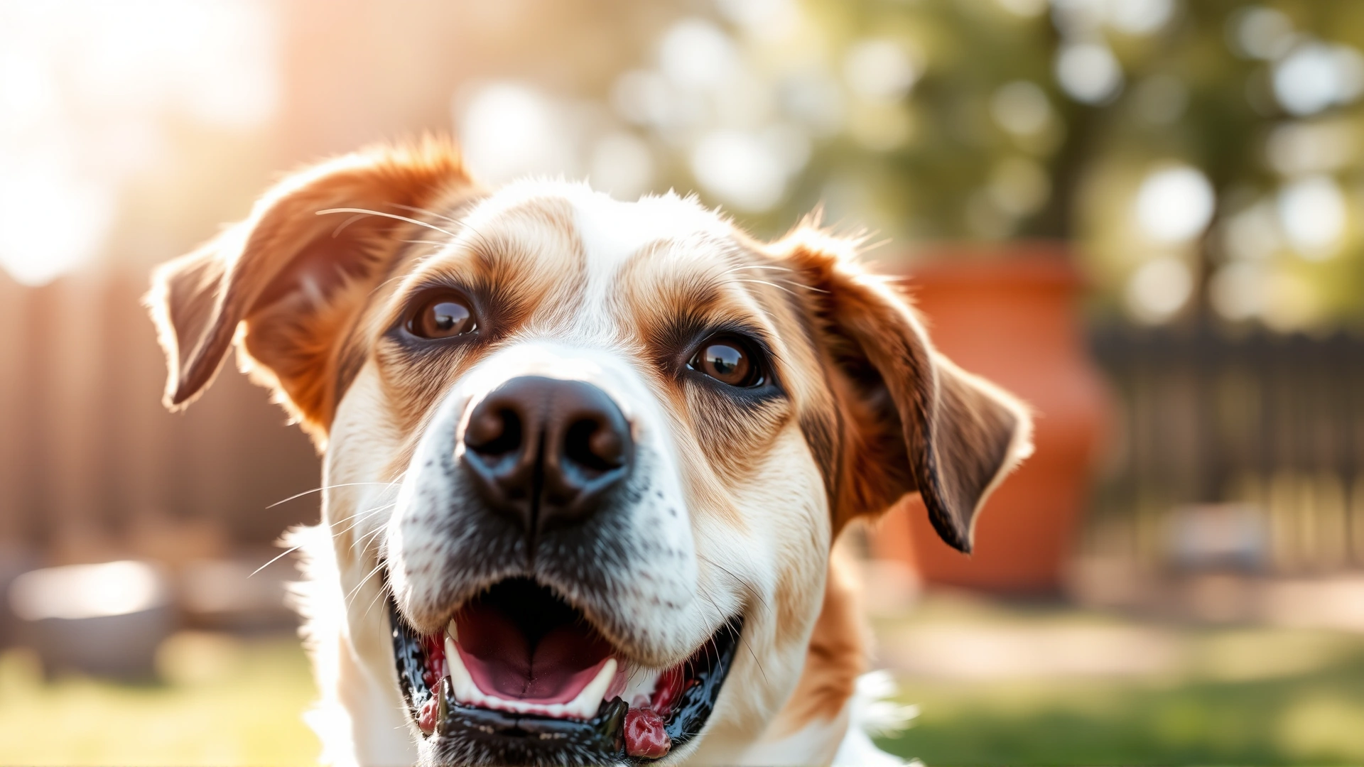Friendly mixed-breed dog outdoors looking alert and healthy, soft sunlight with blurred background
