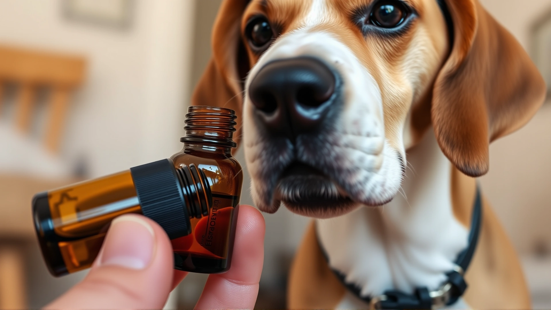 Close-up of a curious beagle sniffing a closed amber essential oil bottle held by a hand, set against a blurred home background; emphasizes the concept of dogs and essential oils.