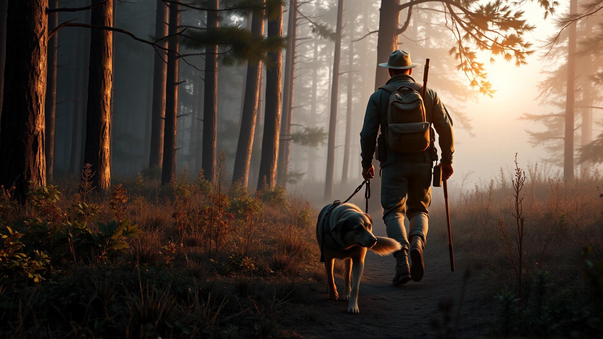 Wide-angle shot of a hunter walking through misty forest at dawn with a loyal hunting dog by his side