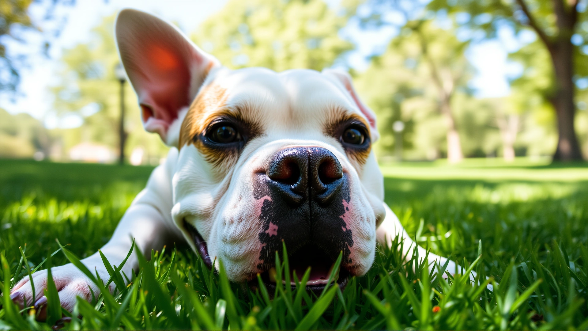 Close-up of a smiling American Bulldog lying on green grass in a sunny park, looking directly at the camera.