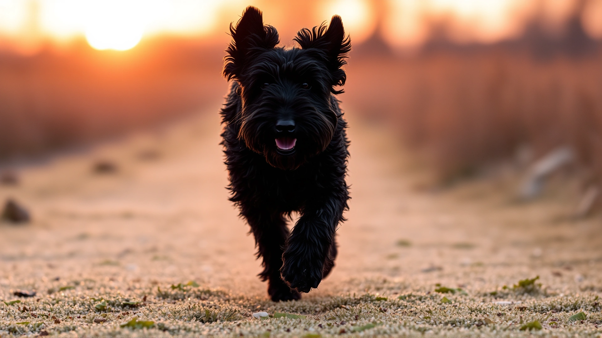 Wide-angle shot of an adult Black Russian Terrier running across a dew-covered field at sunrise, silhouette highlighted by golden light.