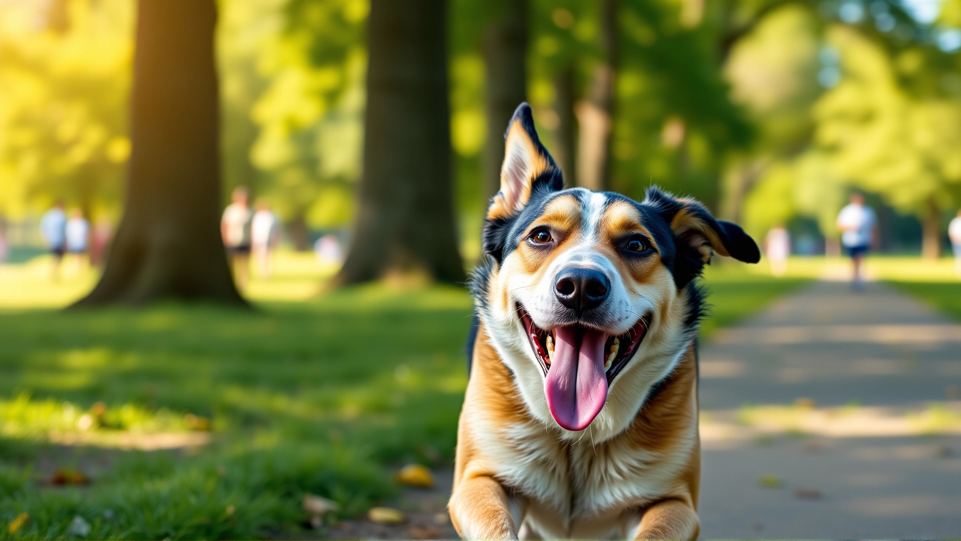 Wide shot of a happy dog running across a sunny park, shallow depth of field, bright summer colors, open mouth and tongue visible