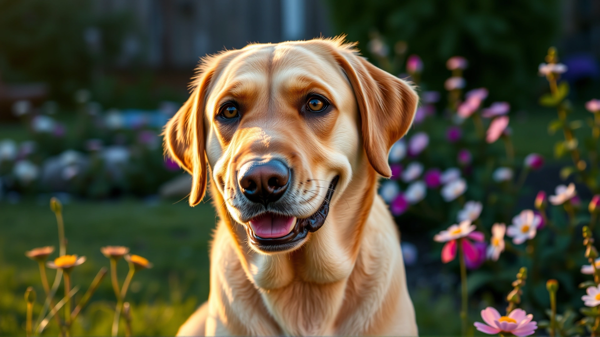 Close-up shot of a friendly female Labrador Retriever sitting in a blooming backyard garden during golden hour, with soft warm lighting emphasizing her calm expression and slight fur shine, no text.