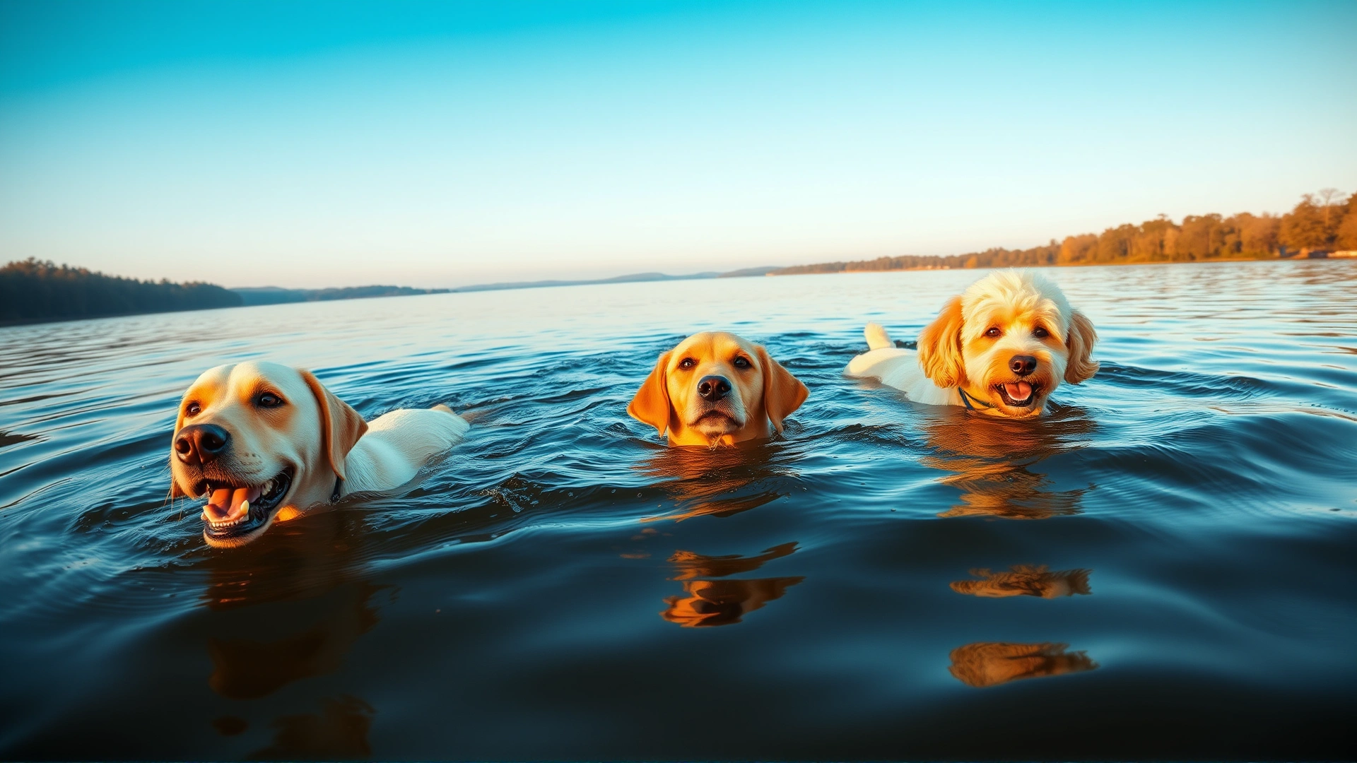 Wide-angle shot of multiple dog breeds (Labrador, Golden Retriever, Poodle) swimming together in a calm lake during golden hour light.