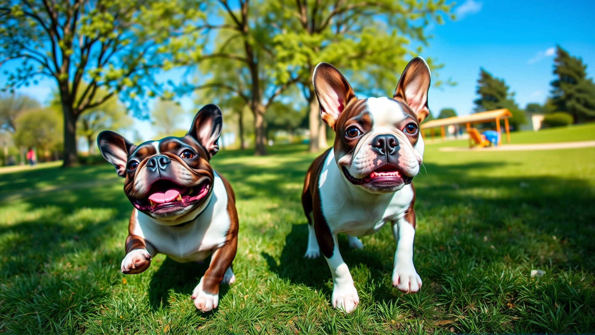 Wide-angle shot of a French Bulldog and a Boston Terrier playfully running toward the camera in a sunny park.