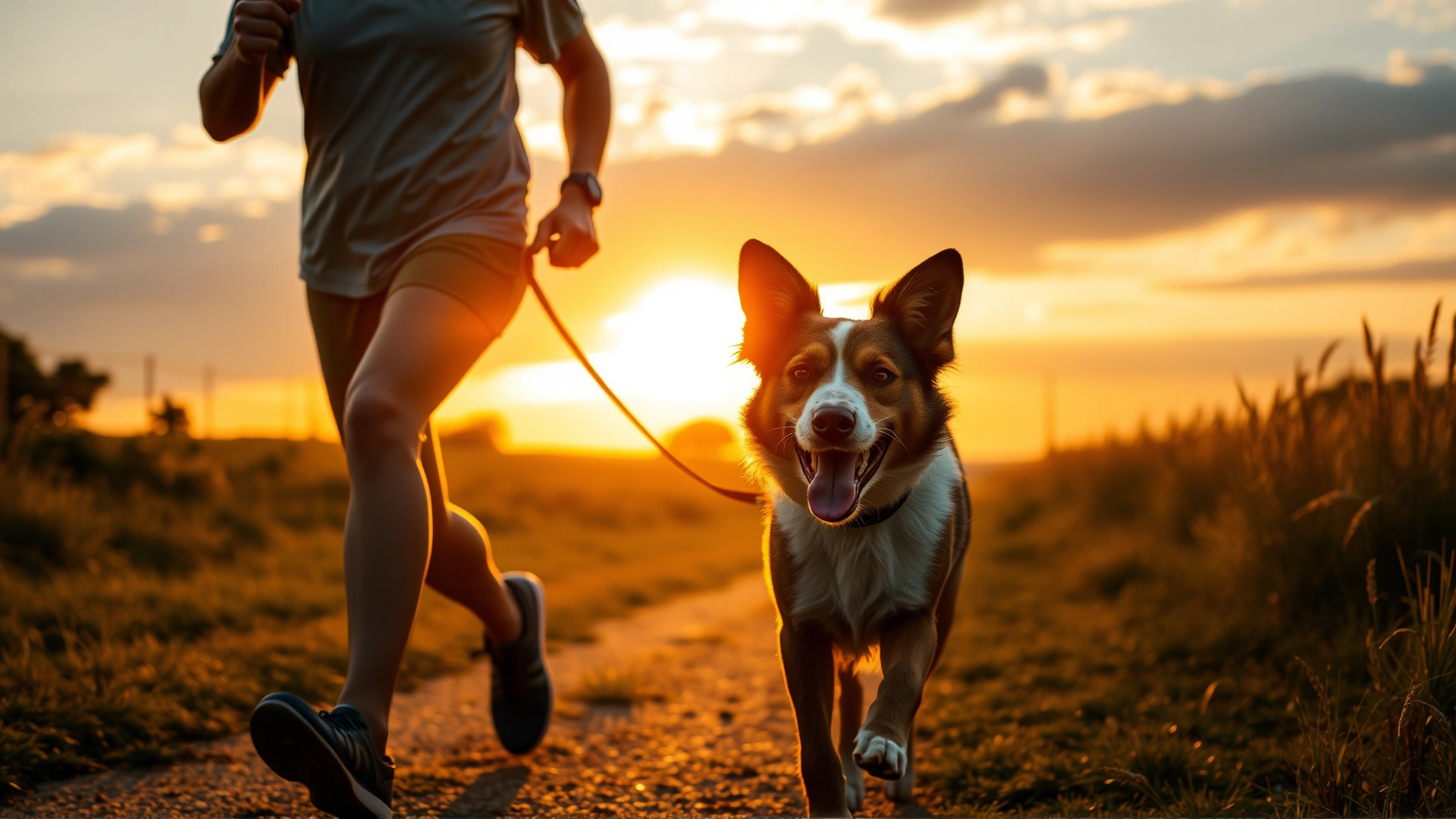 Wide shot of a happy dog owner jogging alongside a lively Australian Cattle Dog at sunrise, with warm golden light highlighting their silhouettes.