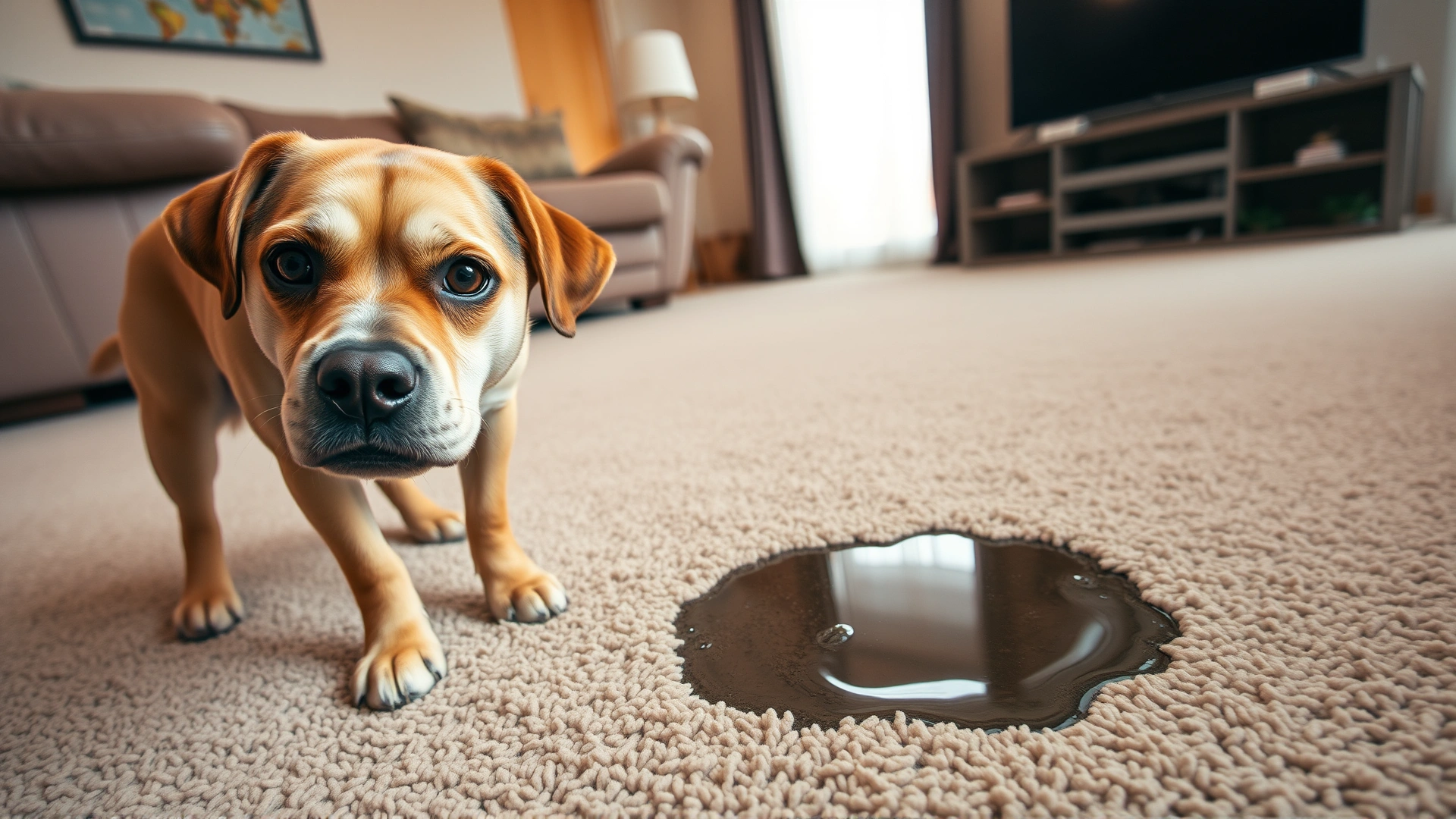 Close-up shot of a friendly dog looking guilty while standing next to a small wet stain on a beige carpet in a bright living room.