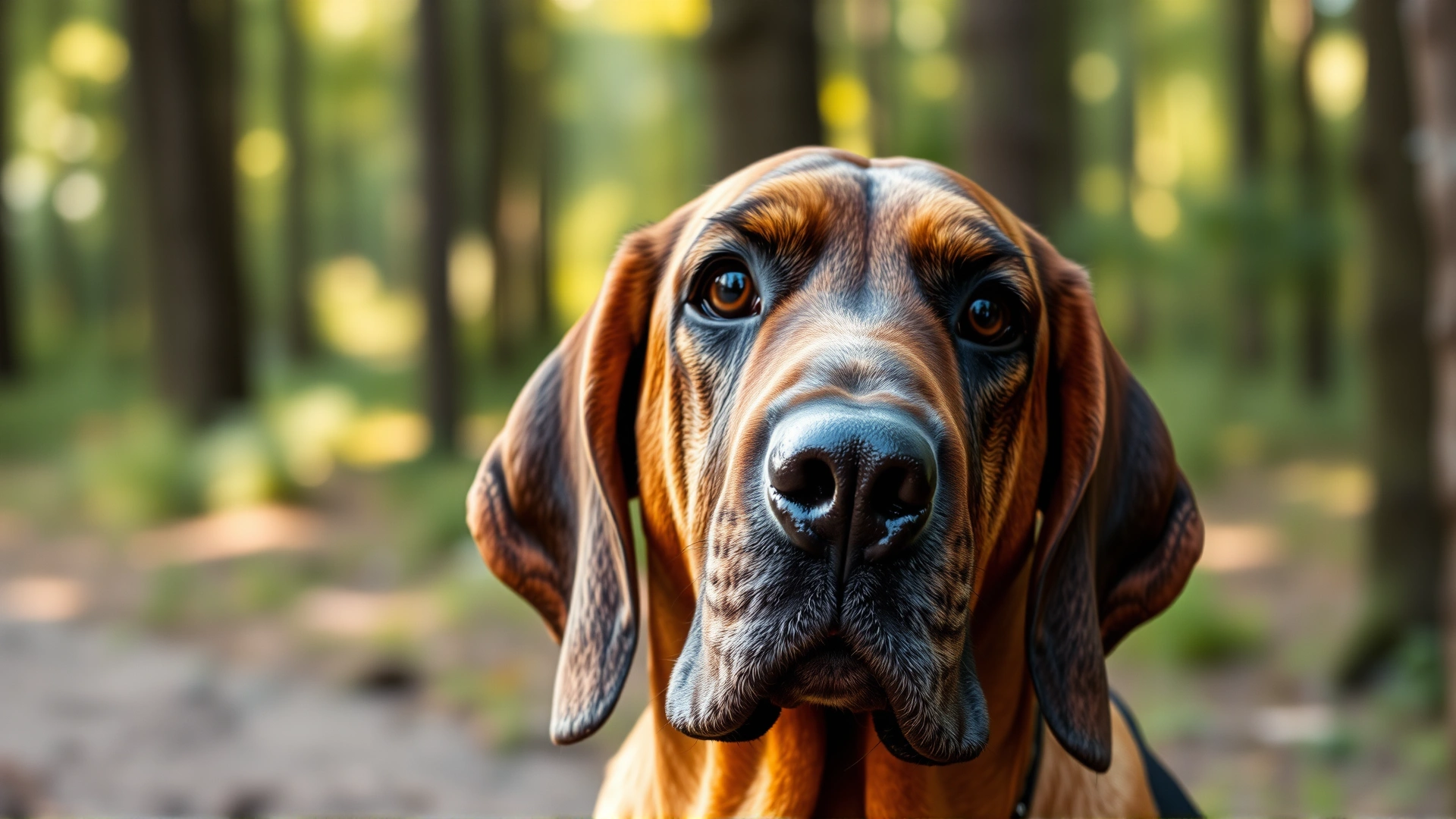 Close-up shot of a Bloodhound’s face with focus on its large droopy ears and expressive eyes, softly blurred forest background, warm natural lighting