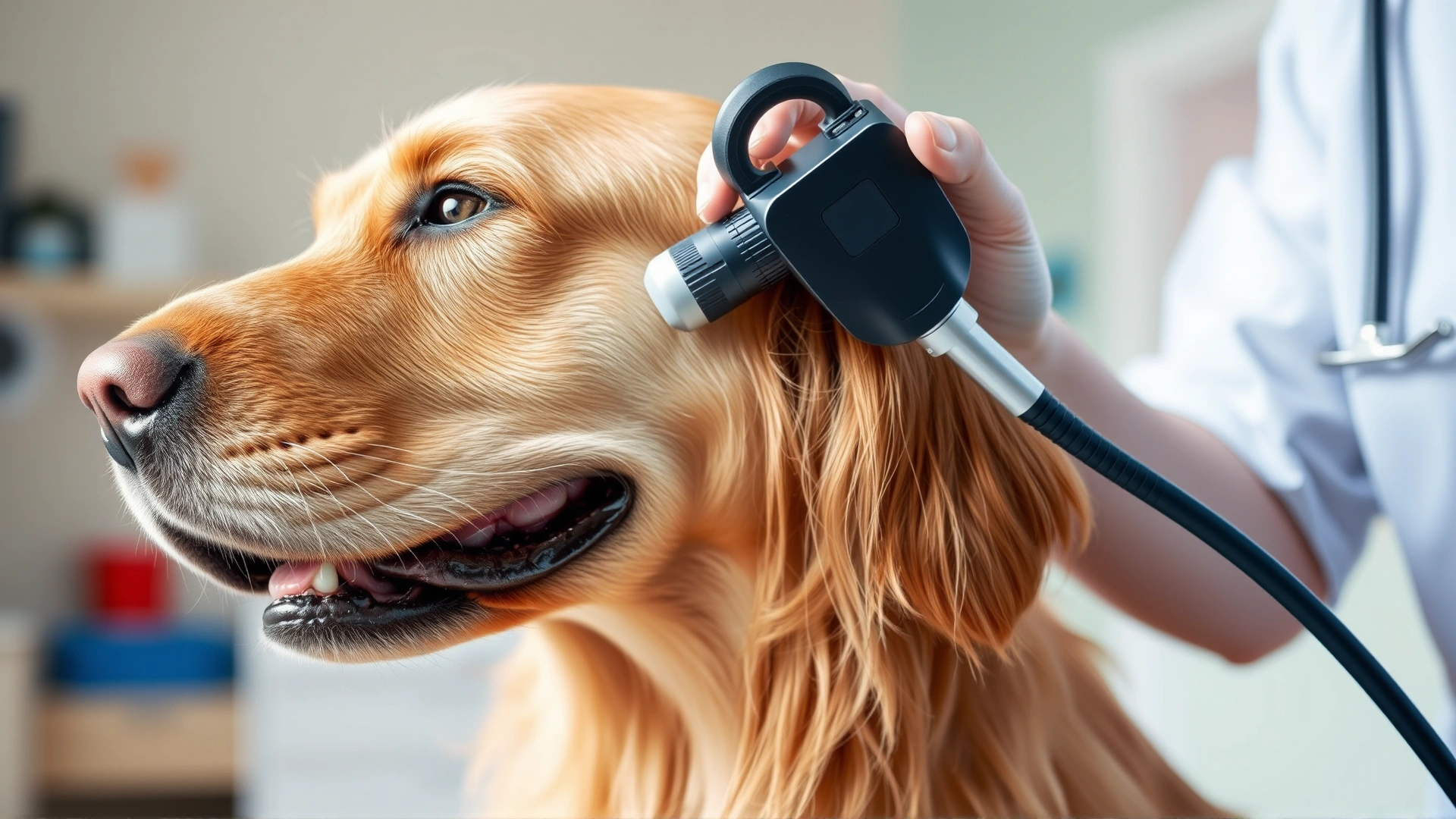 Close-up photo of a golden retriever at a veterinary clinic, a vet gently inspecting its ear with an otoscope, bright and friendly atmosphere
