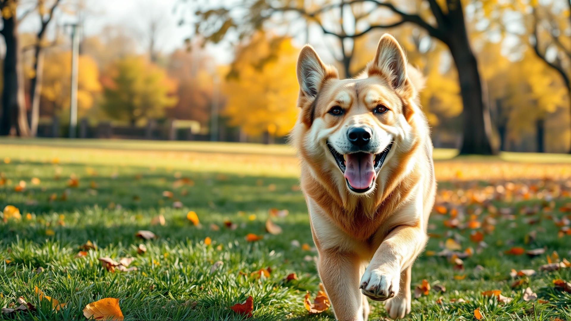 Happy mixed-breed senior dog running in a sunny park with warm autumn colors, symbolizing vitality and healthy aging, high-resolution photo