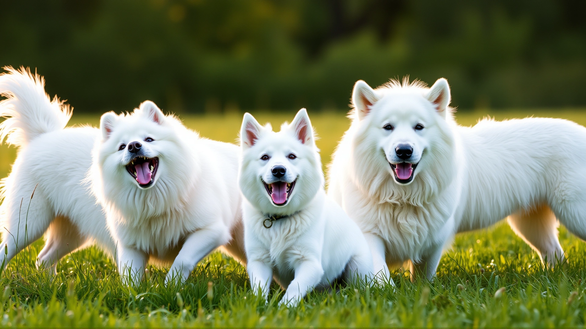 A group of various white dog breeds (Samoyed, Maltese, Westie, Great Pyrenees) playing together on a green meadow with soft sunlight