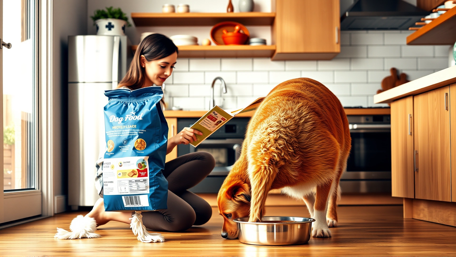 Indoor lifestyle shot of a young woman kneeling in a modern kitchen reading the back of a dog food bag while her large mixed-breed dog eats from a stainless steel bowl, vibrant yet natural colors
