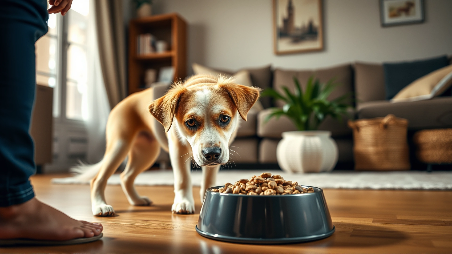 Wide shot of an owner gently pouring new kibble into a dog bowl while the dog watches curiously, cozy living-room background, warm lighting