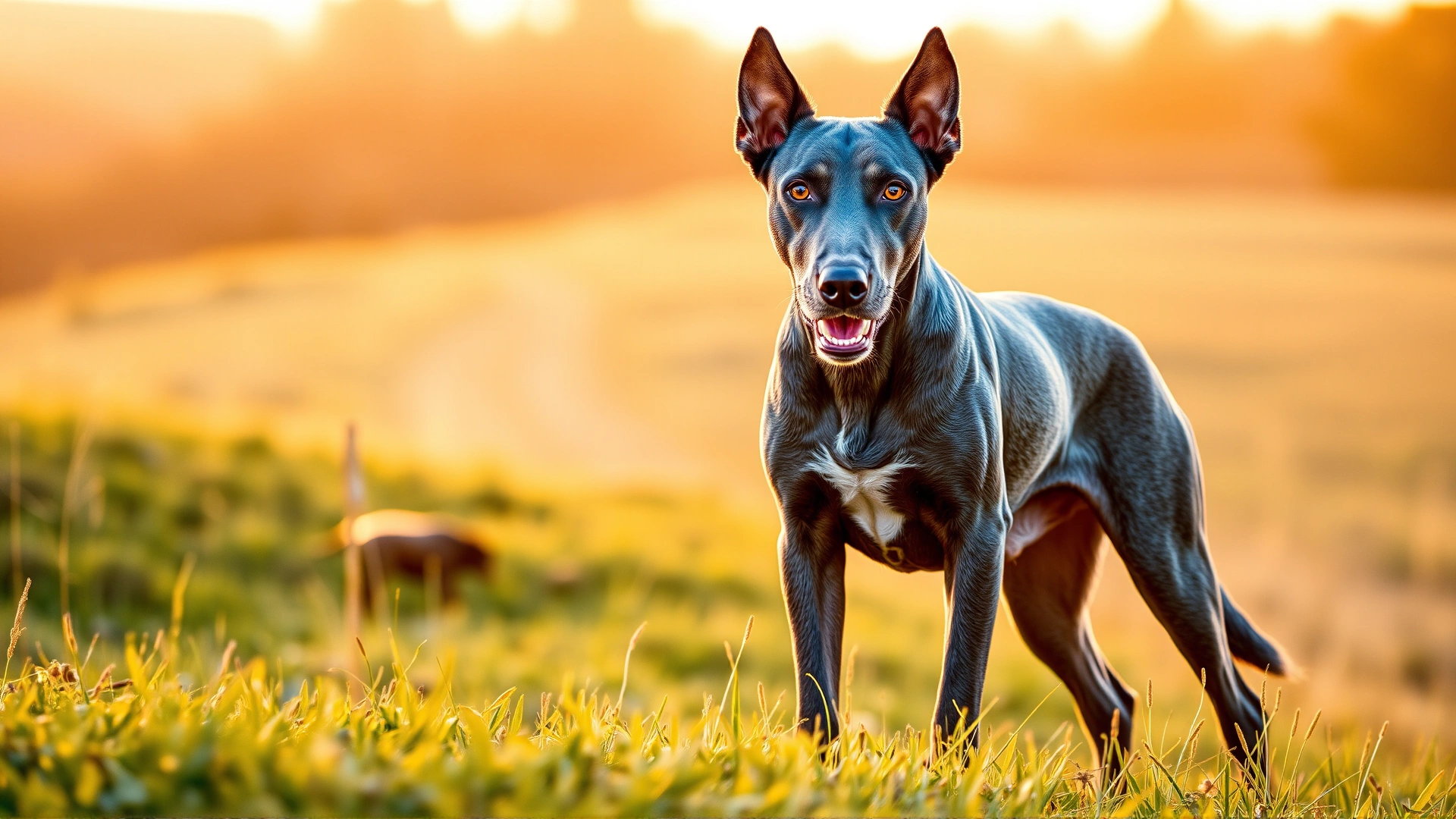 Front-view shot of a proud Blue Lacy standing on a grassy Texas hill at sunrise, warm golden light illuminating its blue coat and amber eyes.