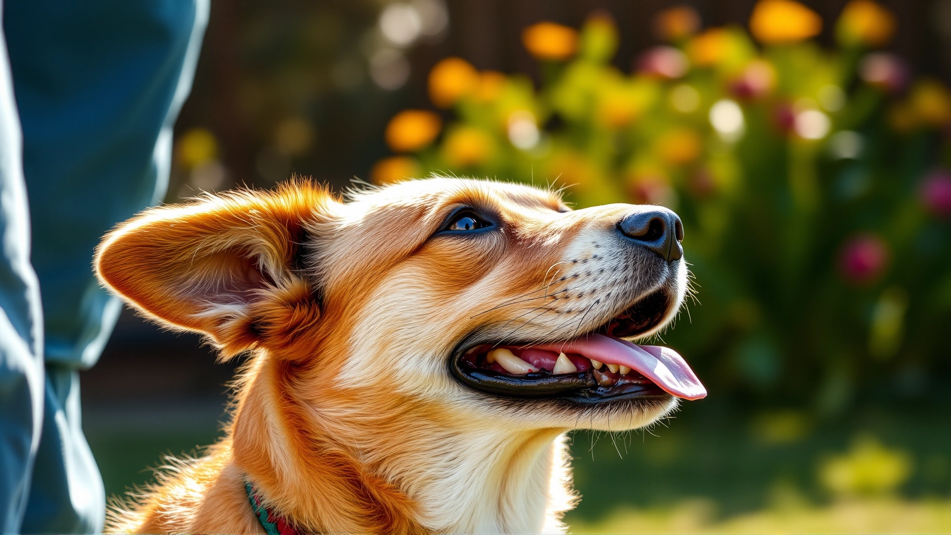 Friendly senior dog looking up at its owner in a sunny garden, with soft focus background highlighting care and companionship