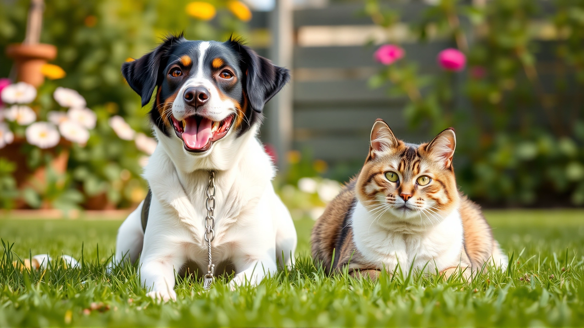 Wide, inviting shot of a happy dog and a relaxed cat sitting together on grass in a bright garden, symbolizing healthy pets free of ticks