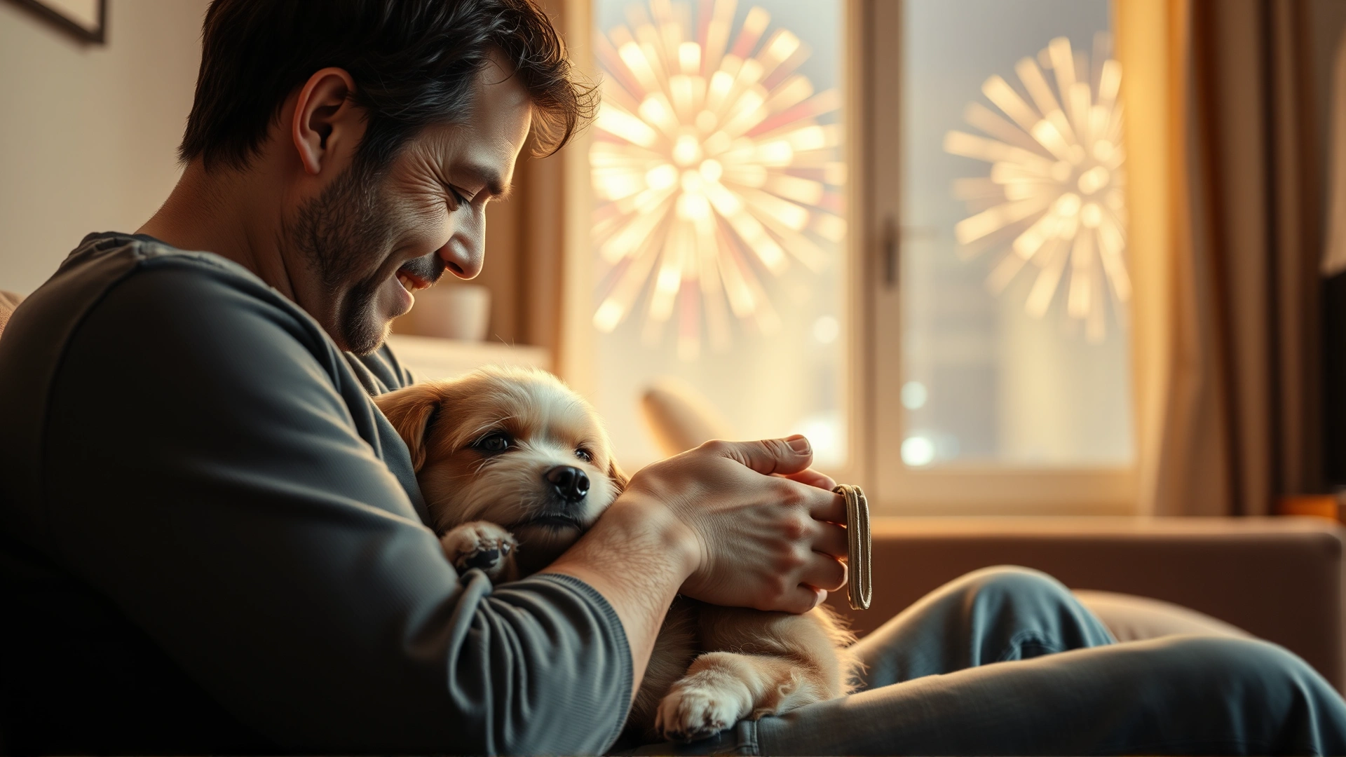 Owner gently hugging a small dog on a living-room couch while faint colorful fireworks flash outside the window behind them; warm ambient light creates a comforting scene.